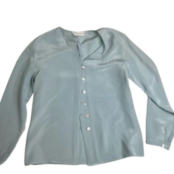 VTG Burberrys Burberry Women's Silk Button Up Top‎ Blouse Size 14 L031122 - Picture 1 of 16